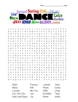 Preview of Popular Dance Styles - Basic Wordsearch with KEY & Zentangle Quotes to Color