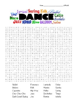 Preview of Popular Dance Styles - Difficult Wordsearch with Zentangle Quotes to Color