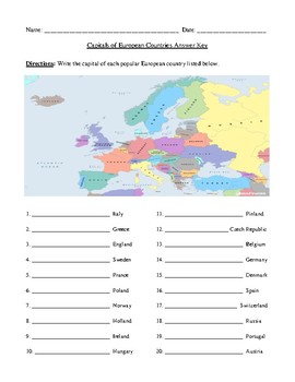 Preview of Popular European Capitals and Countries Worksheet (or Test) with Answer Key
