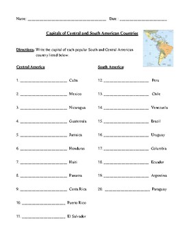 Preview of Popular South and Central American Countries & Their Capitals Worksheet or Test