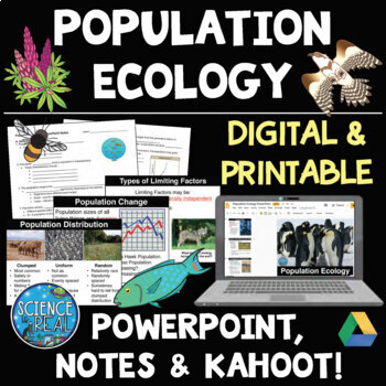 Preview of Population Ecology PowerPoint with Notes, Questions, and Kahoot