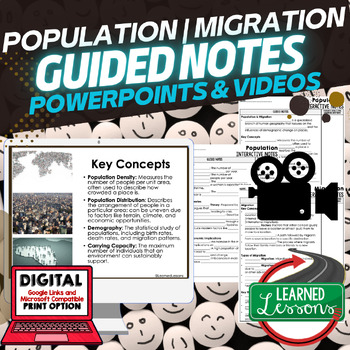 Preview of Population & Migration Guided Notes PowerPoints, Video for Flipped Classroom