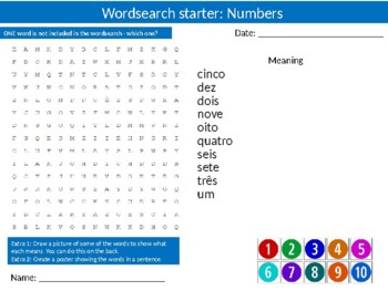 Preview of Portugese Numbers Starter Activities Keyword Wordsearch Homework Language