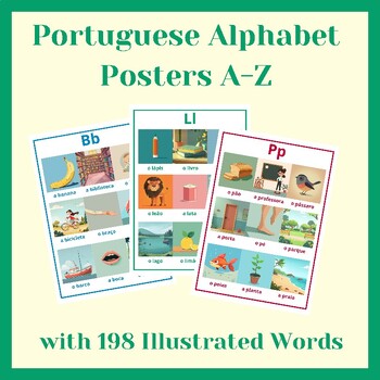 Preview of Portuguese Alphabet Posters | 26 Posters A to Z with 198 Illustrated Words