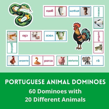 Preview of Portuguese Animal Dominoes | 60 Domino Tiles with 20 Different Animals