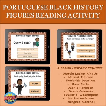 Preview of Portuguese Black History Month Reading Activity: 9 Figures BOOM CARDS