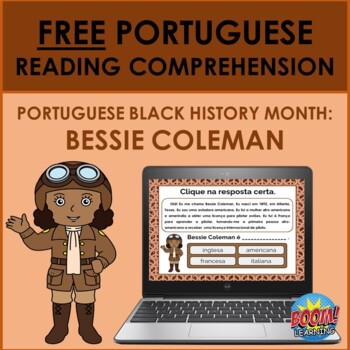 Preview of Portuguese Black History Month Reading: Bessie Coleman FREE BOOM CARDS