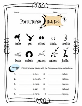 Preview of Portuguese Body Parts Worksheet Packet