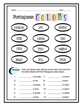 Preview of Portuguese Colors Worksheet Packet