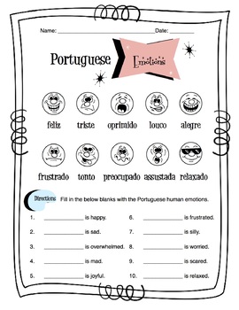 Preview of Portuguese Emotions Worksheet Packet