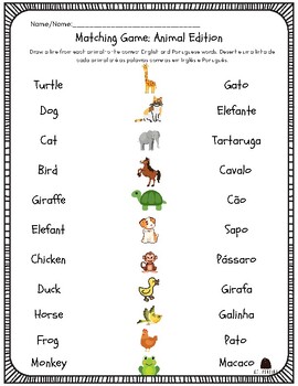 Preview of Portuguese & English : Matching Animals