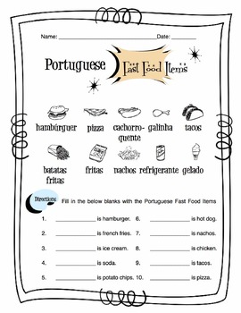 Preview of Portuguese Fast Food Words Worksheet Packet