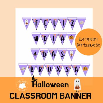 Preview of European Portuguese Halloween Banner; Bunting Banner; Classroom Decor; Purple