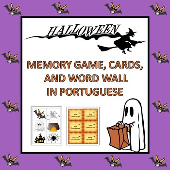 Preview of Portuguese Halloween Memory Game, Cards, and Word Wall (Pre-K to 1st)