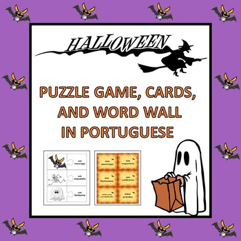 Preview of Portuguese Halloween Puzzle Game, Cards, and Word Wall (Pre-K to 1st)