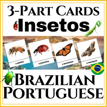 Preview of Portuguese Insetos (Insects) 3-part Montessori Cards