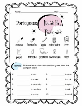 Preview of Portuguese Items In A Backpack Worksheet Packet