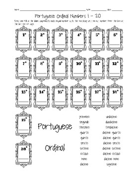 portuguese ordinal numbers 1 20 worksheet by sunny side up resources