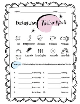Preview of Portuguese Weather Words Worksheet Packet