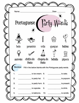 Preview of Portuguese Party Words Worksheet