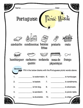 Preview of Portuguese Picnic Words Worksheet