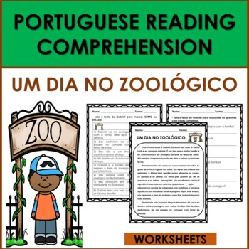 Preview of Portuguese Reading Comprehension: ZOO ANIMALS/ANIMAIS DO ZOOLÓGICO WORKSHEETS