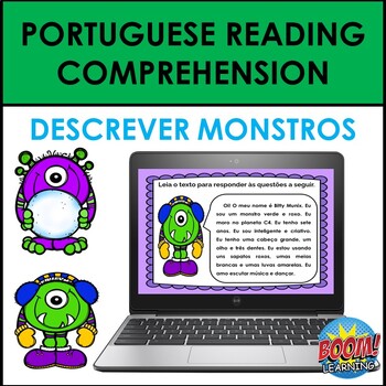 Preview of Portuguese Reading Comprehensions: Descrever Dois Monstros BOOM CARDS