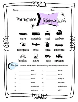 Preview of Portuguese Transportation Words Worksheet