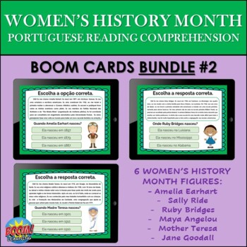 Preview of Portuguese Women's History Reading Comprehension BOOM CARDS BUNDLE #2