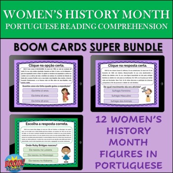 Preview of Portuguese Women's History Reading Comprehension BOOM CARDS SUPER BUNDLE