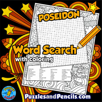 Preview of Poseidon Word Search Puzzle with Coloring | Greek Mythology Wordsearch