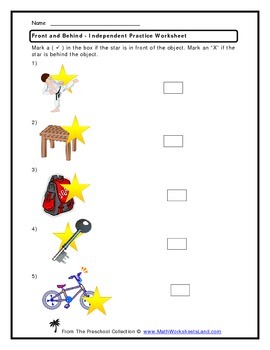 Preview of Position (Front, Behind) Teacher Worksheet Pack
