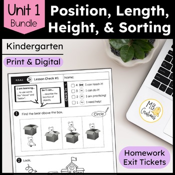 Preview of Kindergarten Position, Length, Height, & Sorting Worksheets - iReady Math Unit 1