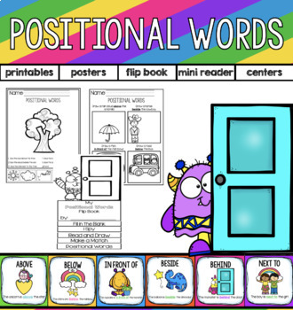 Preview of Positional  Words - printables, posters, mini reader, flip book, games, centers!