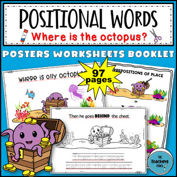 Preview of Positional words activity booklet posters worksheets Kindergarten 1st class
