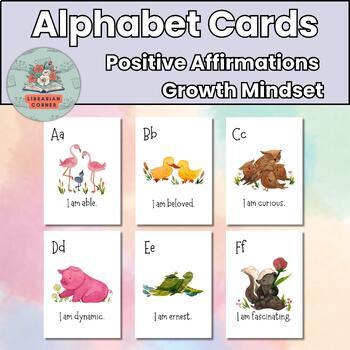 Preview of Alphabet Flash Cards Alliteration I Am Statements Flashcards for Growth Mindset