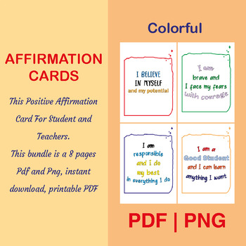 Preview of Positive Affirmation Cards for Students and Teachers | Instant Download PDF &PNG