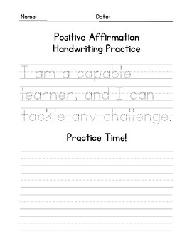 Preview of Positive Affirmation Handwriting Practice Worksheets