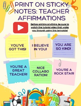 Preview of Positive Affirmation Sticky Notes: Printable Template & Tutorial for Teachers