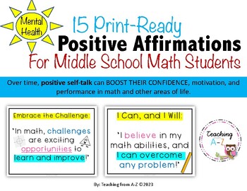 Preview of Positive Affirmations (Growth Mindset) Math Posters for Middle School Students