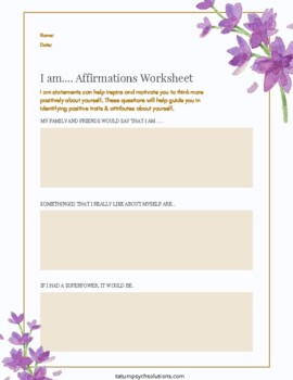 Preview of Positive Affirmations, I am statements workbook