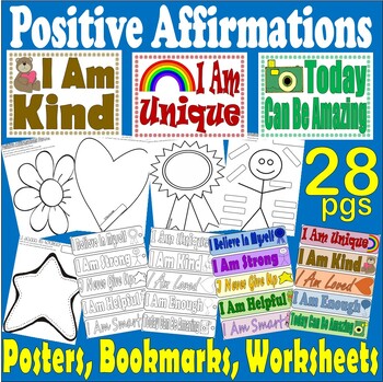 Preview of Positive Affirmations Inspirational Bookmarks Flash Cards Posters Worksheets SEL