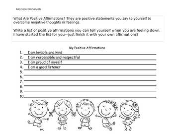 Positive Affirmations Self Care Worksheet by Katy Seller | TpT