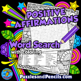 Positive Affirmations Word Search Puzzle Activity Page with Mindfulness Coloring