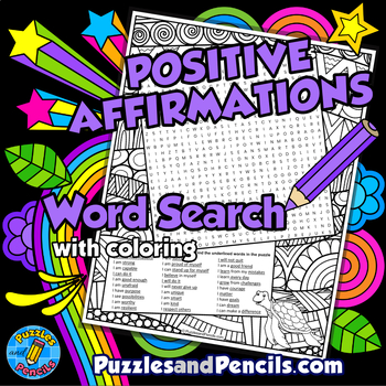 Preview of Positive Affirmations Word Search Puzzle Activity Page with Mindfulness Coloring