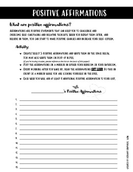 Positive Affirmations Worksheet for Teens/Adolescents | TPT