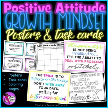 Preview of Positive Attitude Growth Mindset Task Cards, Posters and Coloring Pages