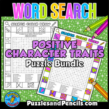 Preview of Positive Character Traits Word Search Puzzle BUNDLE | Search, Color, Doodle