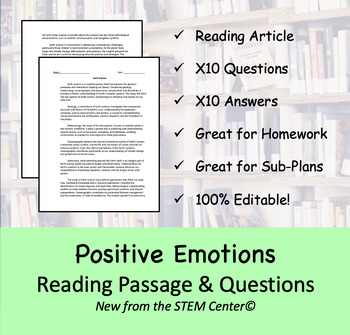 Preview of Positive Emotions - Reading Passage and x 10 Questions (EDITABLE)