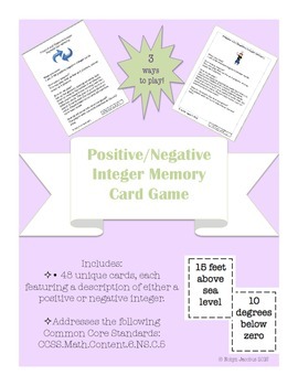 Preview of 6th/7th Grade CCSS Math- Positive Negative Integer Card Game- 3 ways to play